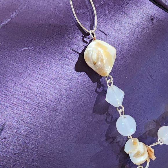 Abalone Shell Clear Glass Bead and White Bead Y Lariat Style Gold Necklace - Picture 2 of 12